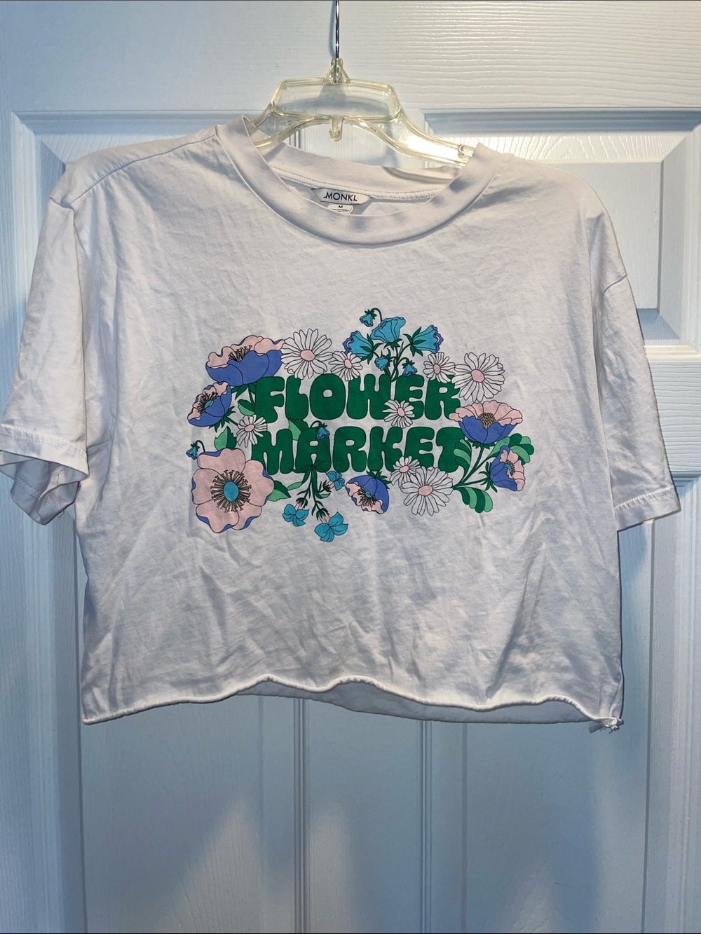 Monki White Crop Tee with Green 'Flower Market' Floral Graphic
